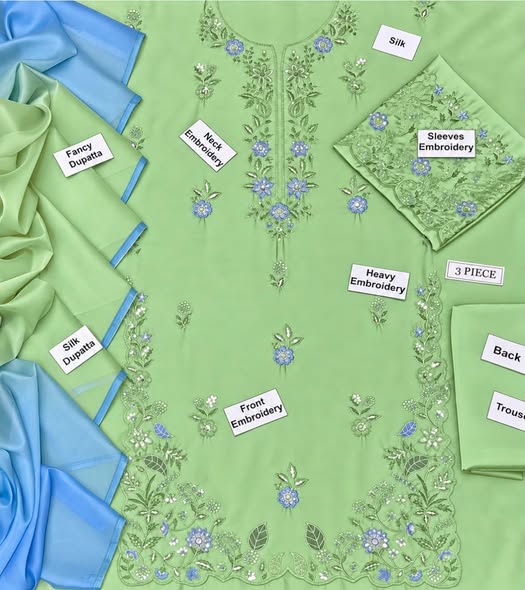 Unstitched shirt, dupatta and trouser fabric with embroidery details