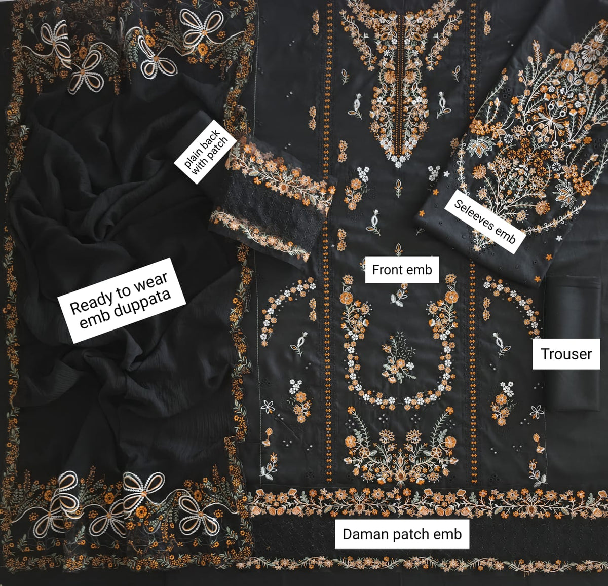 Black & Gold Dhanak — 3-Piece Unstitched Suit in Black & Gold; supplied design and embroidery detail 2.
