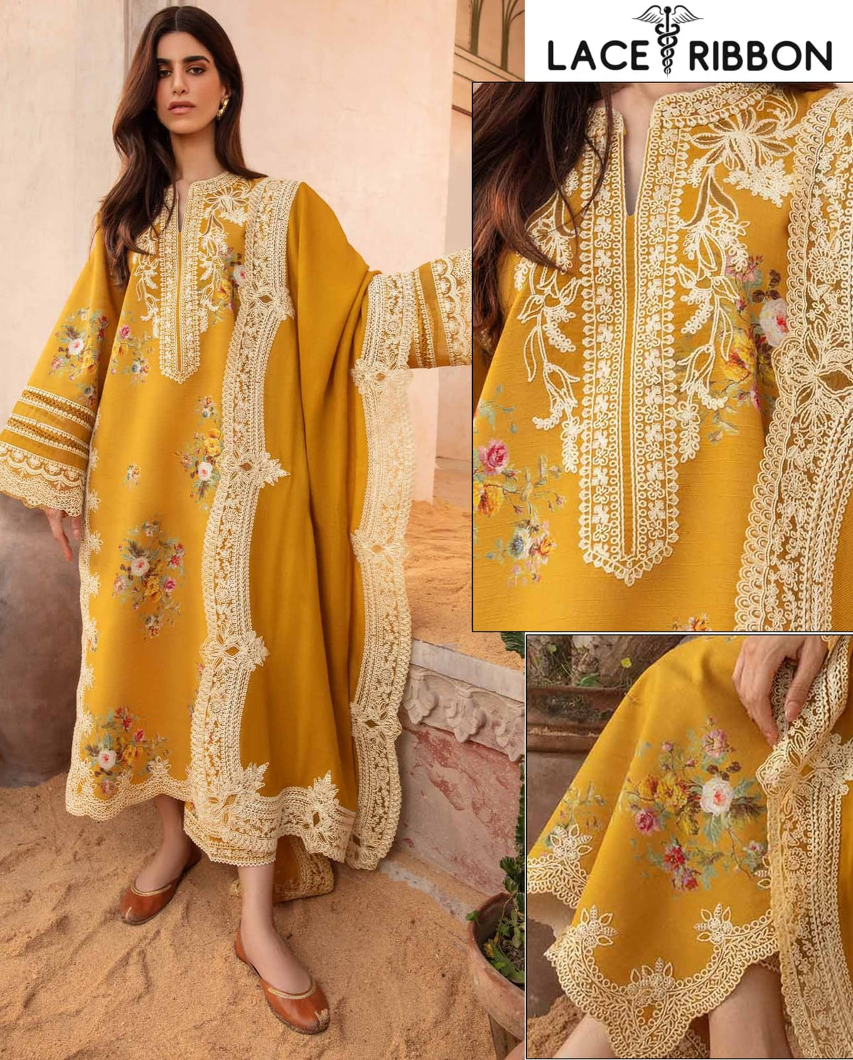 Mustard Embroidered Dhanak — 3-Piece Unstitched Suit; model styling view 3.