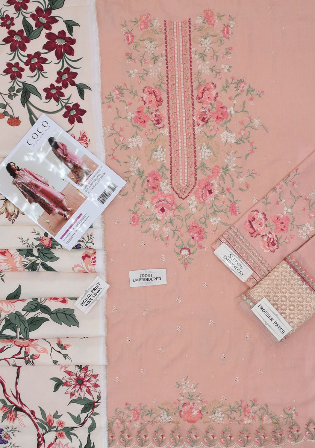 Blush embroidered Dhanak unstitched three-piece suit; supplied fabric and embroidery detail 3.