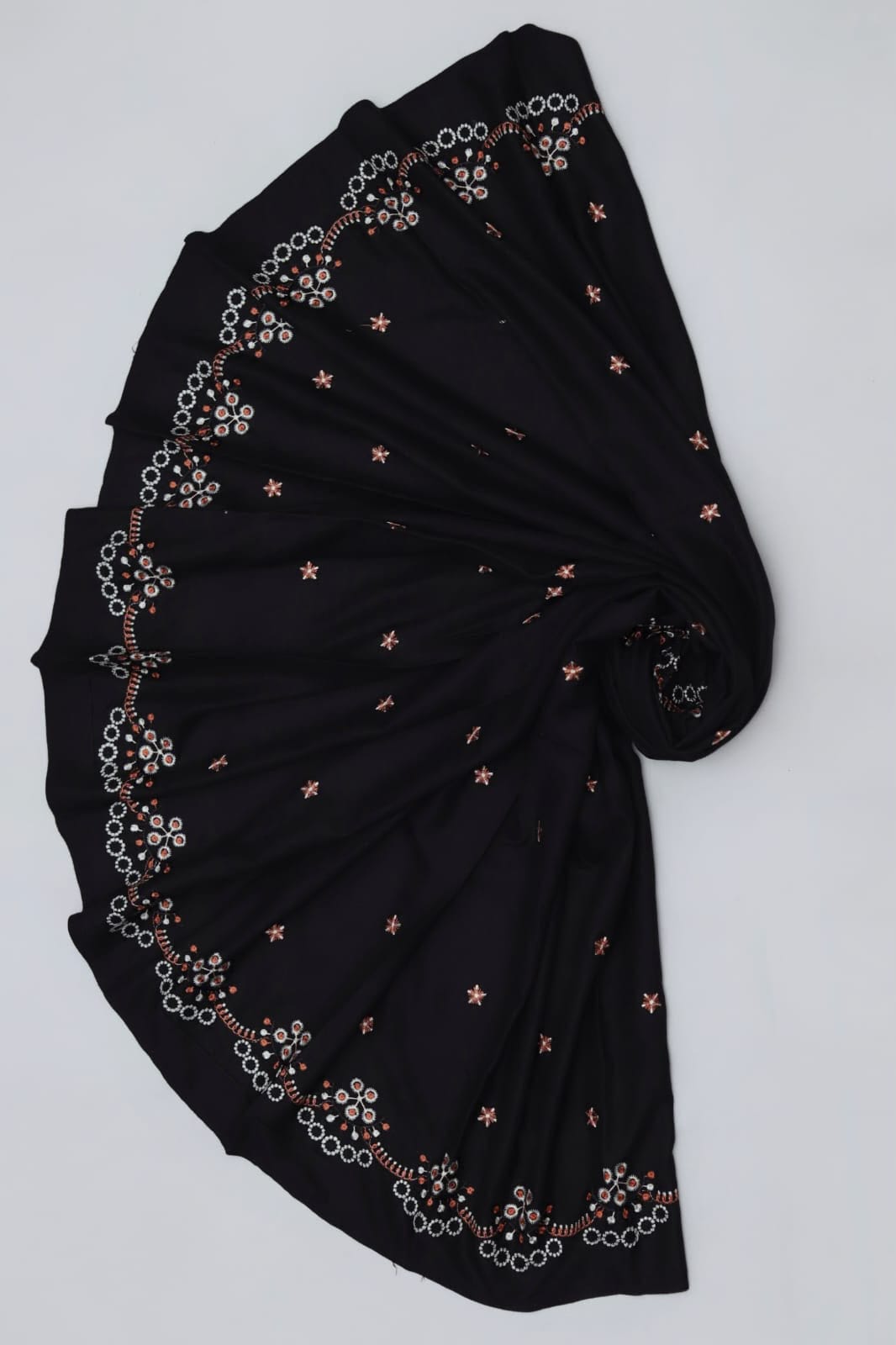 1008 Black Floral Dhanak - 3-Piece Unstitched Suit; Black Floral, actual fabric and design detail.