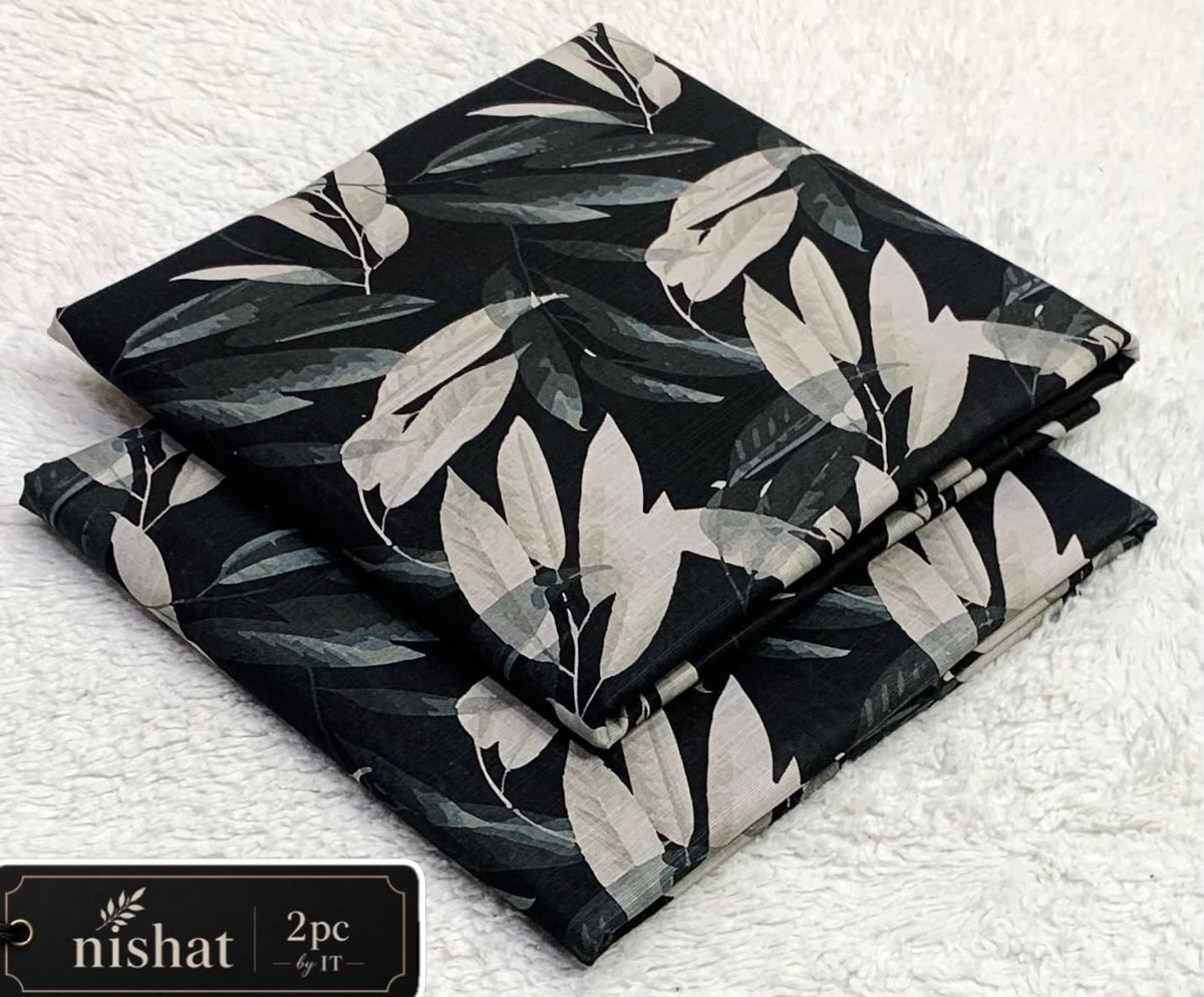 All-Over Printed Khaddar - 2-Piece Unstitched Suit; Charcoal and Ivory Leaves, actual fabric and design detail.