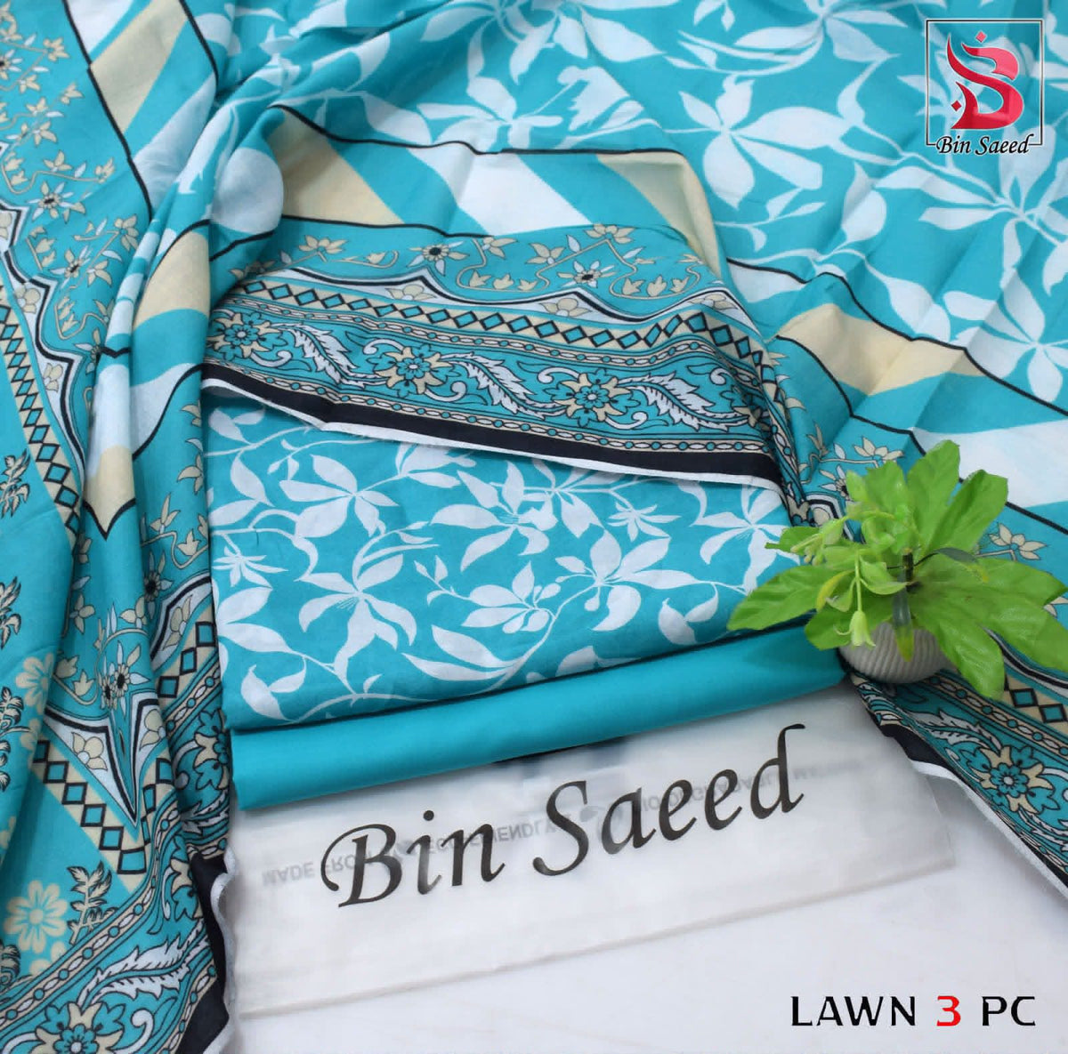 Digital Printed Lawn - 3-Piece Unstitched Collection; Aqua Leaves, actual fabric and design detail.