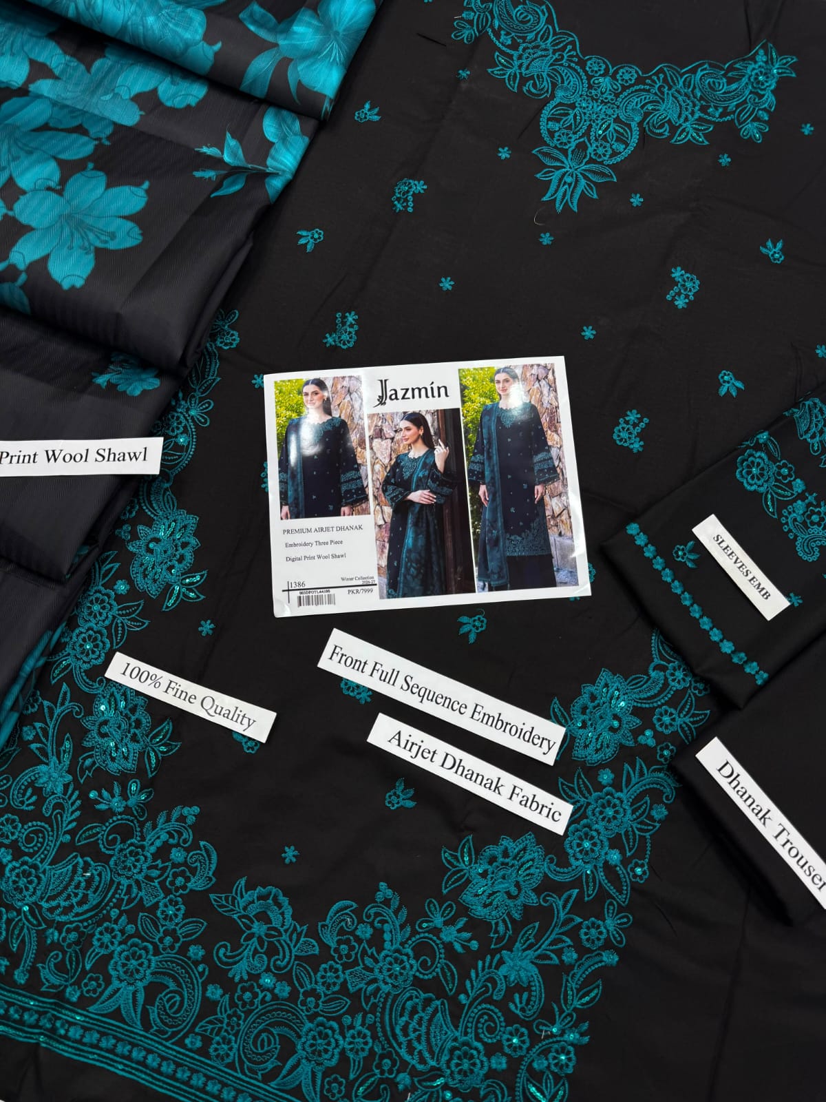 1386 Black and Teal Dhanak - 3-Piece Unstitched Suit; Black and Teal, actual fabric and design detail.