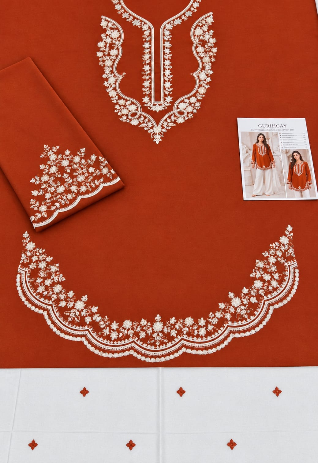 Scalloped Hem Dhanak - 2-Piece Unstitched Suit; Rust and Ivory, actual fabric and embroidery detail.