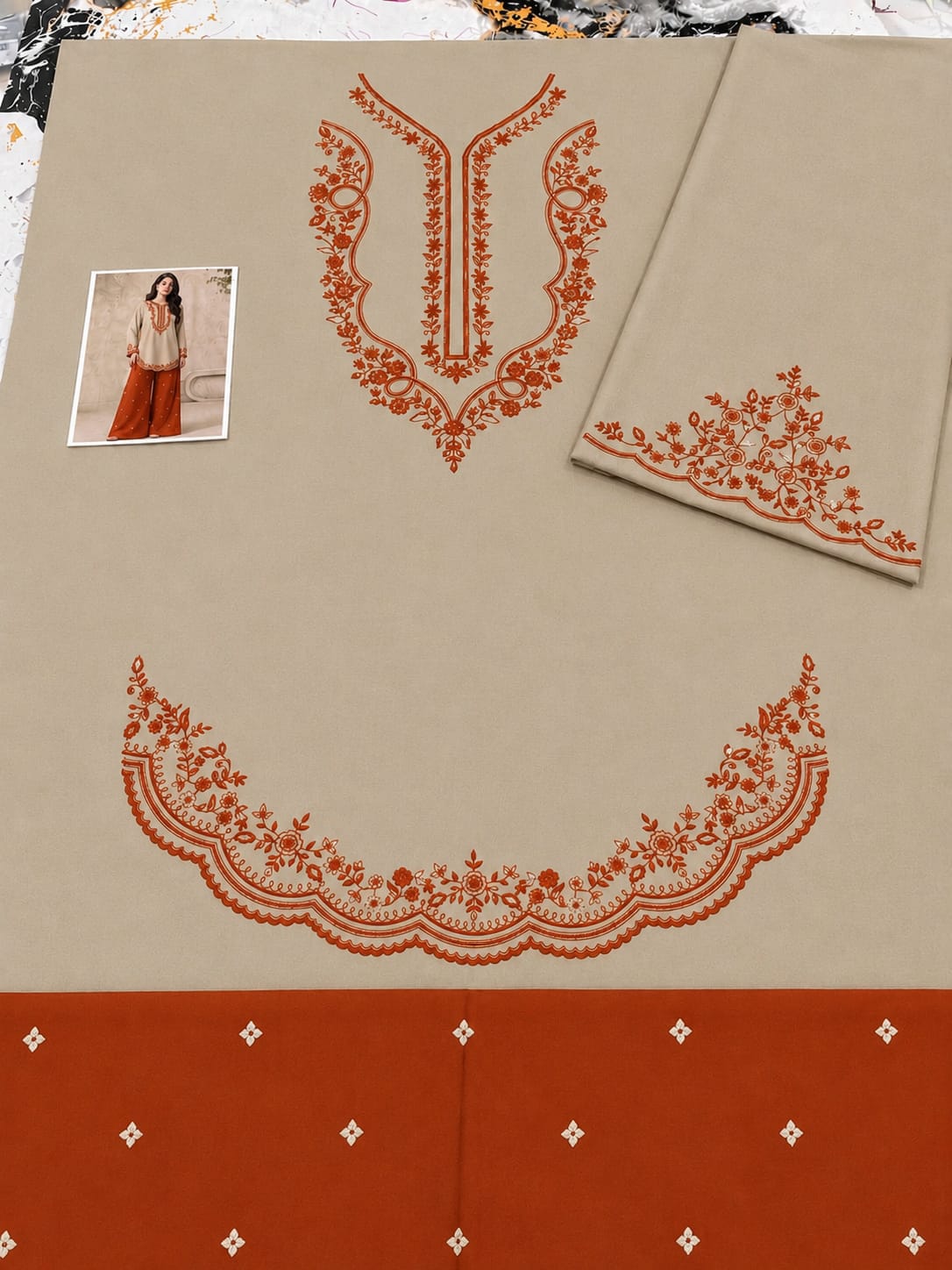 Scalloped Hem Dhanak - 2-Piece Unstitched Suit; Ivory and Rust, actual fabric and embroidery detail.