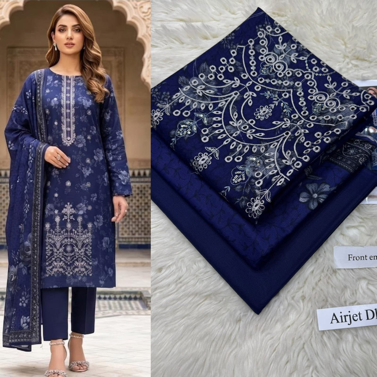 Panel Embroidered Dhanak - 3-Piece Unstitched Collection; Navy and Ivory Motif, model and fabric view.