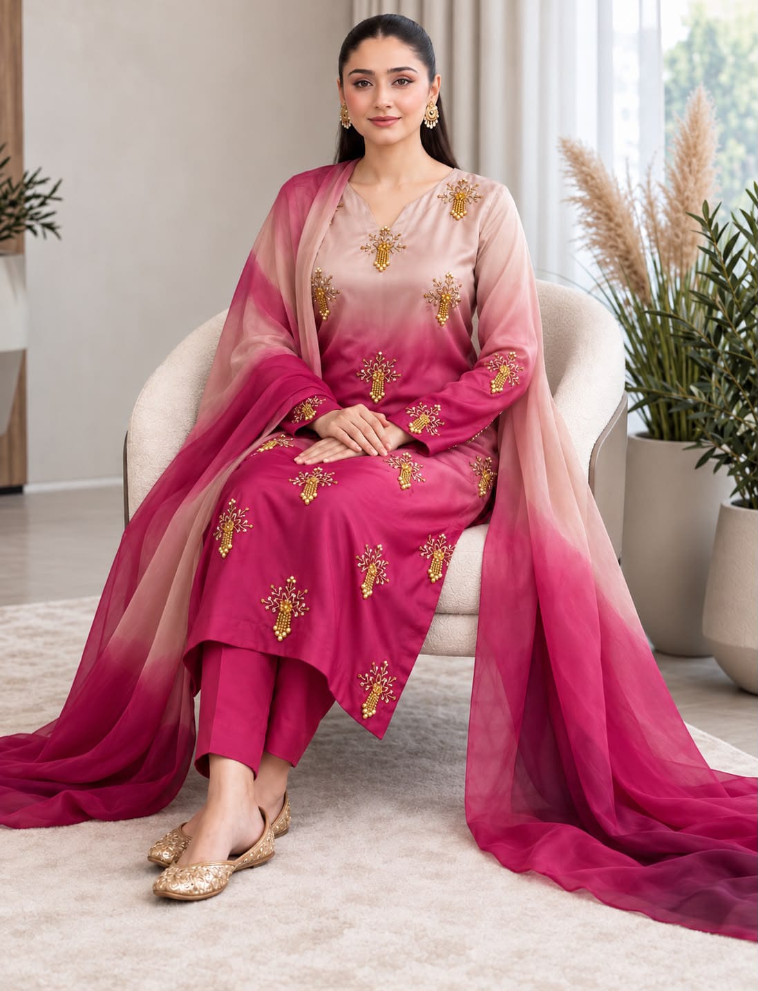 Shamoze silk in rose & fuchsia: original front model photograph