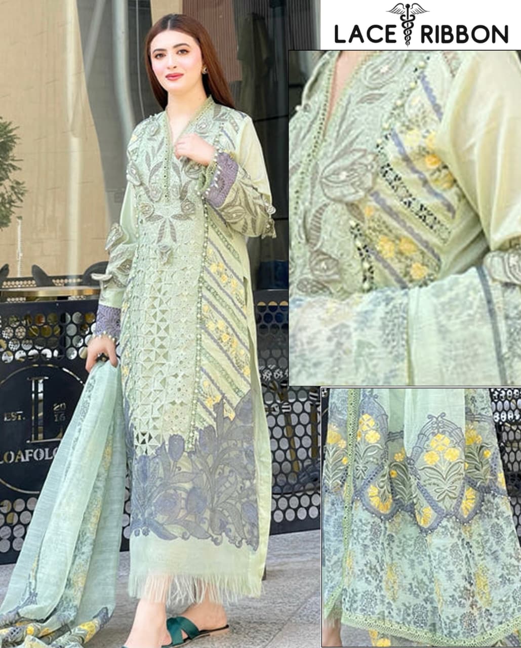 Mint Embroidered Dhanak — 3-Piece Unstitched Suit; model styling view 1.