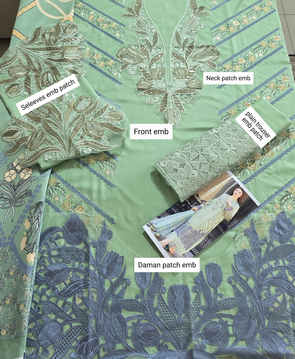 Mint Embroidered Dhanak — 3-Piece Unstitched Suit in Mint & Slate; supplied design and embroidery detail 2.