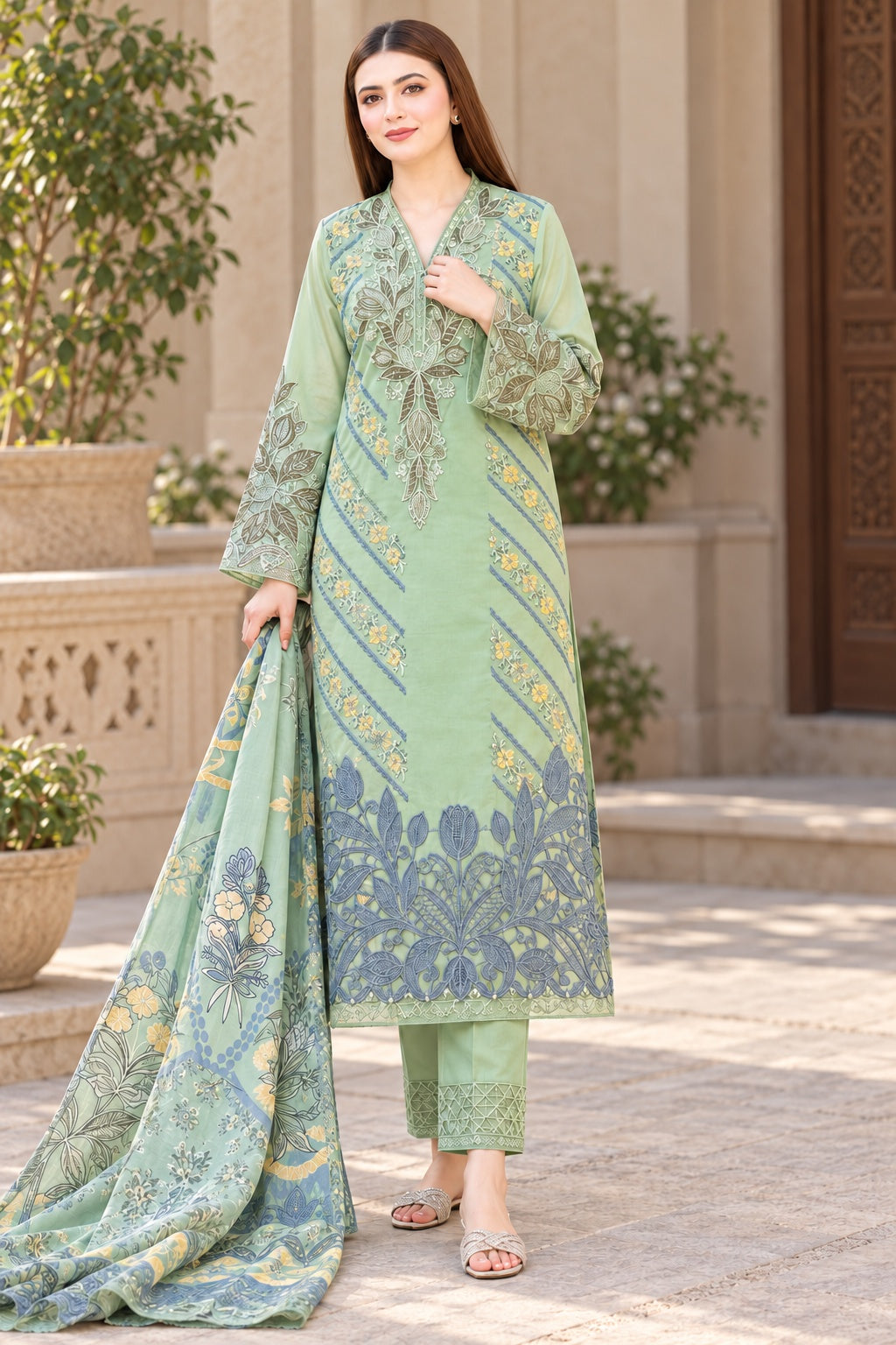 Mint Embroidered Dhanak - 3-Piece Unstitched Suit; front view showing the supplied design as a tailoring presentation.