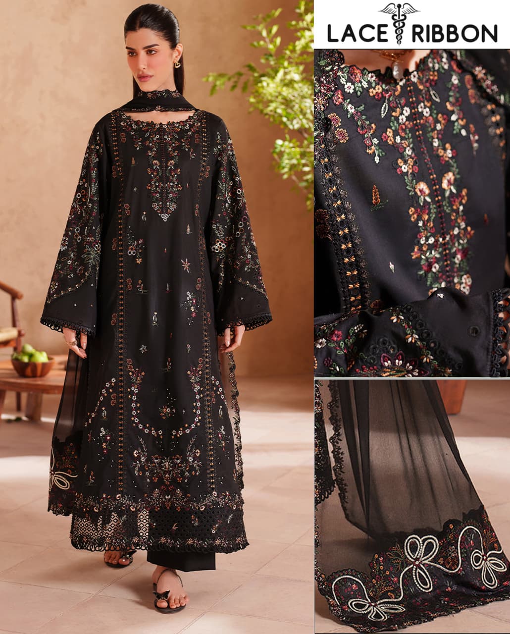 Black & Gold Dhanak — 3-Piece Unstitched Suit; model styling view 1.
