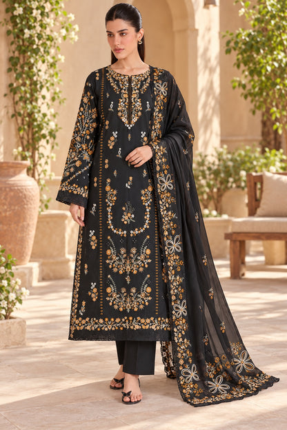 Black & Gold Dhanak - 3-Piece Unstitched Suit; front view showing the supplied design as a tailoring presentation.