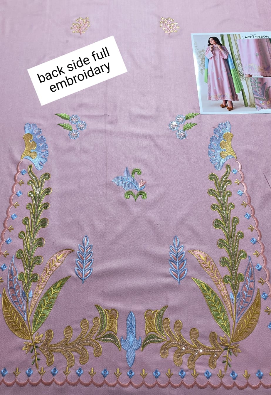 Blush Floral Dhanak — 3-Piece Unstitched Suit; supplied design and embroidery detail 2.