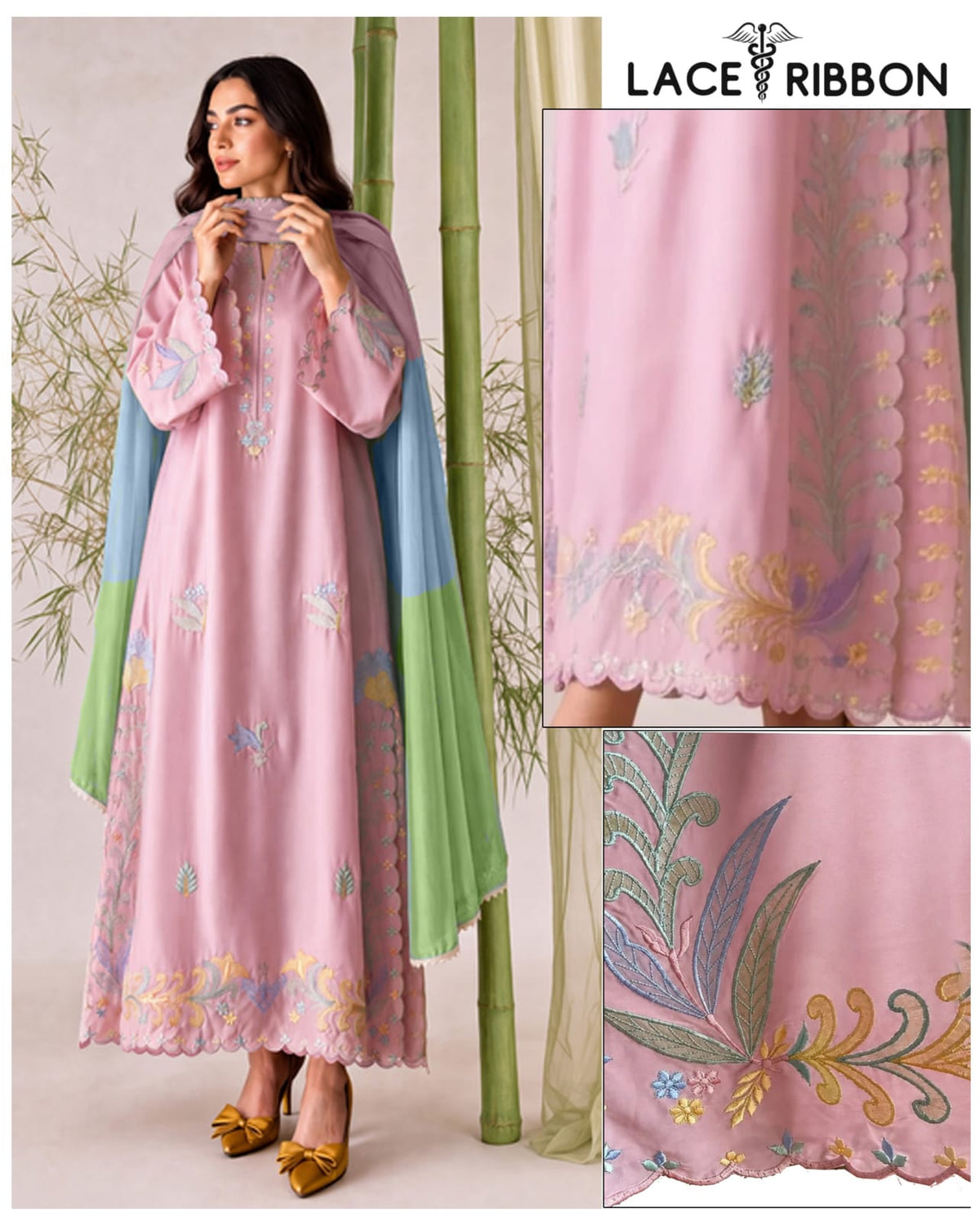Blush Floral Dhanak — 3-Piece Unstitched Suit; model styling view 3.