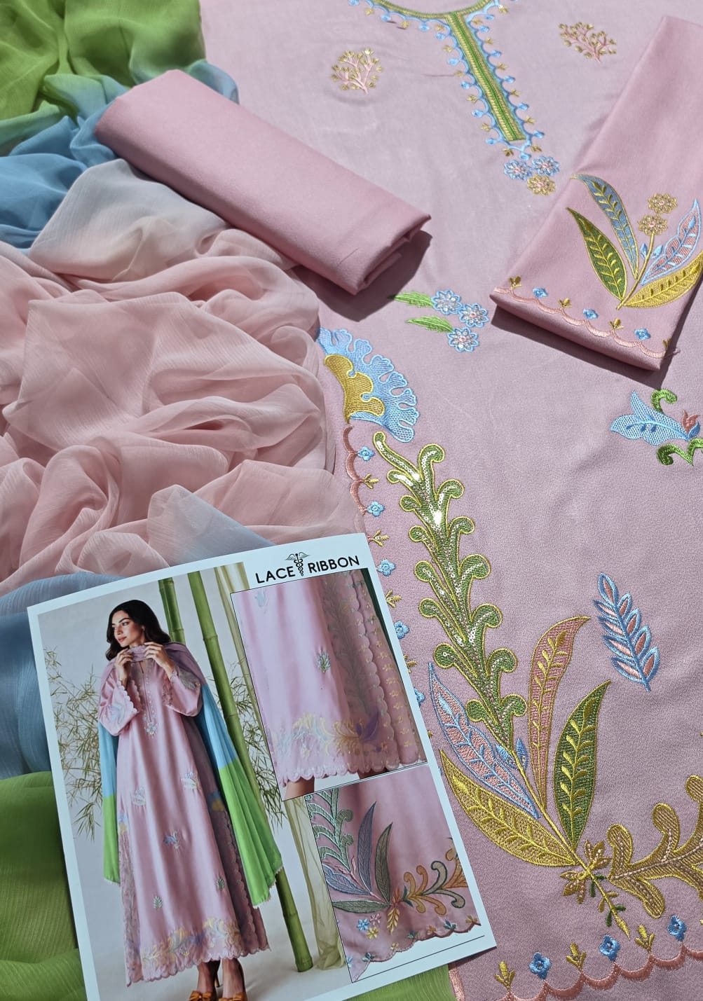 Blush Floral Dhanak — 3-Piece Unstitched Suit; supplied design and embroidery detail 4.