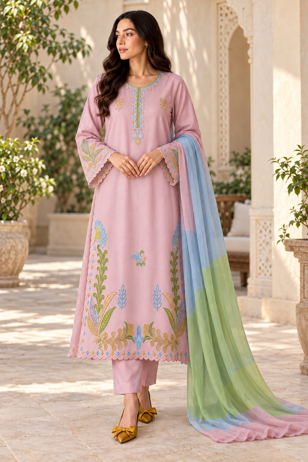 Blush Floral Dhanak - 3-Piece Unstitched Suit; front view showing the supplied design as a tailoring presentation.
