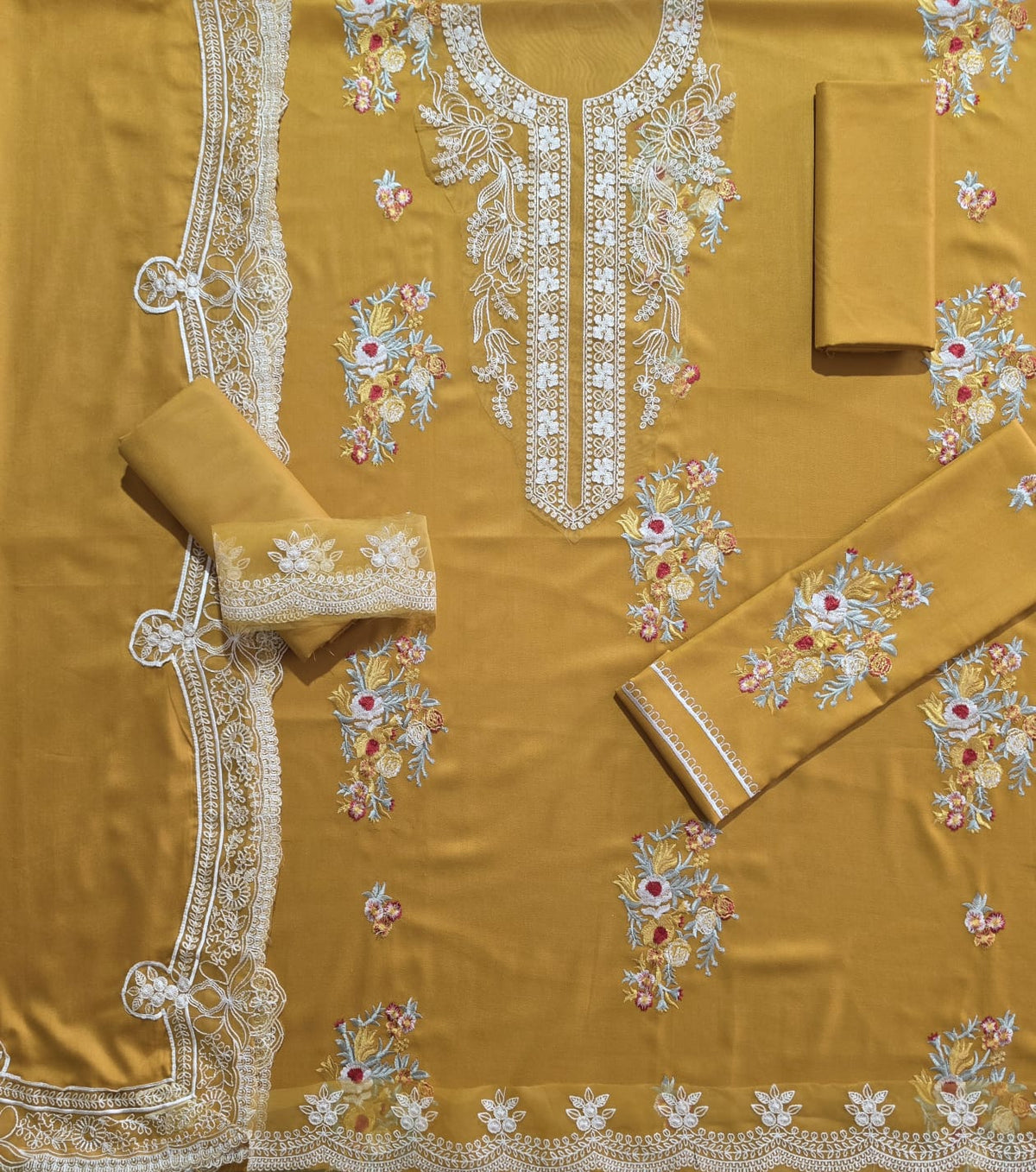Mustard Embroidered Dhanak — 3-Piece Unstitched Suit in Mustard; supplied design and embroidery detail 1.