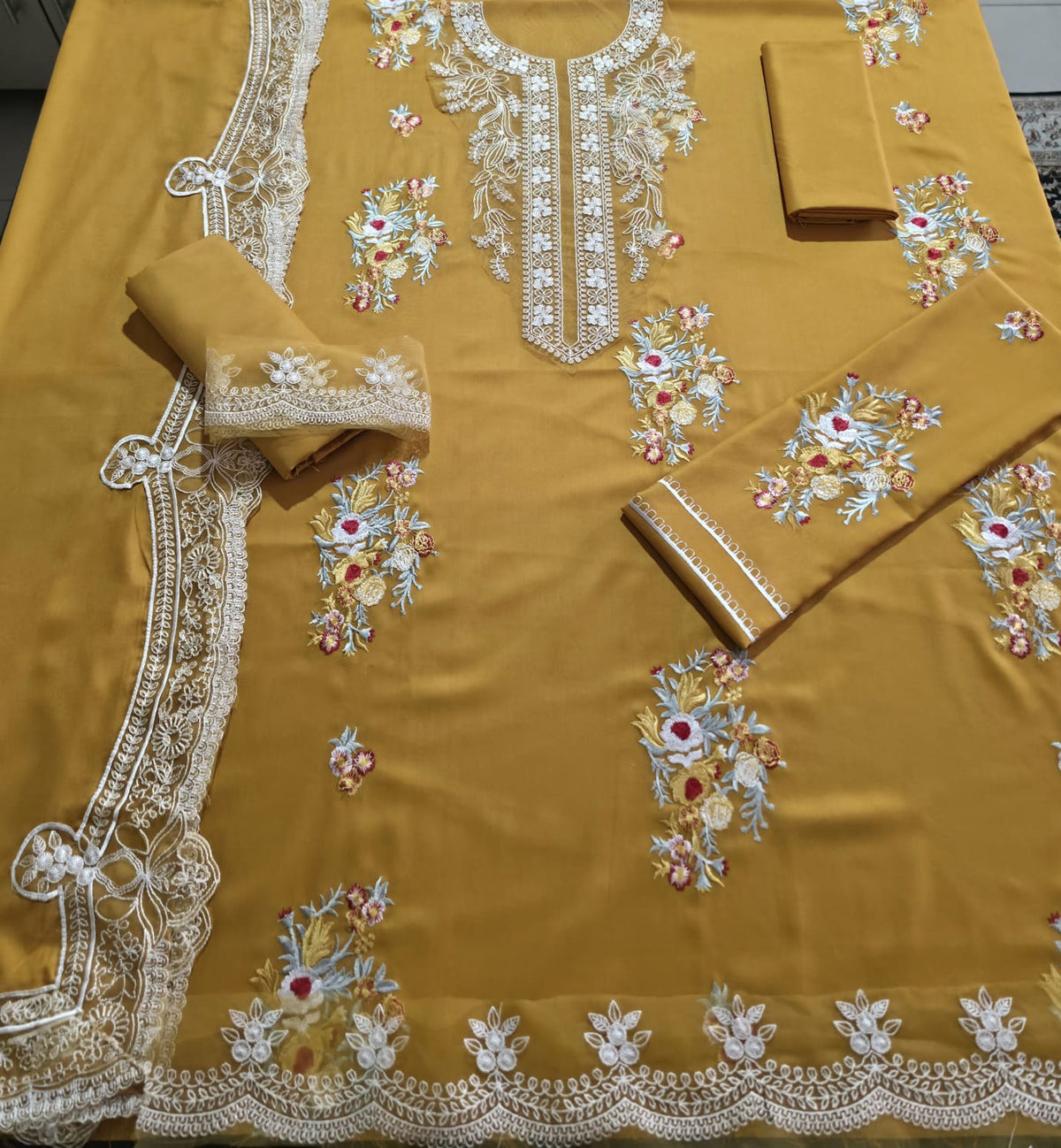 Mustard Embroidered Dhanak — 3-Piece Unstitched Suit; supplied design and embroidery detail 2.