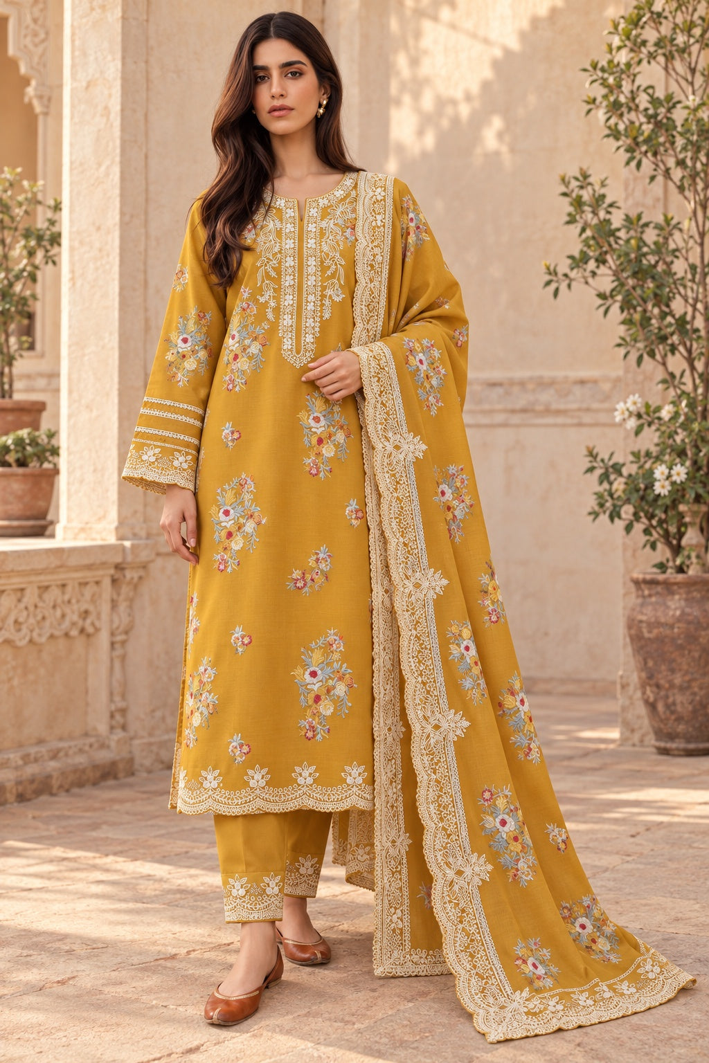 Mustard Embroidered Dhanak - 3-Piece Unstitched Suit; front view showing the supplied design as a tailoring presentation.