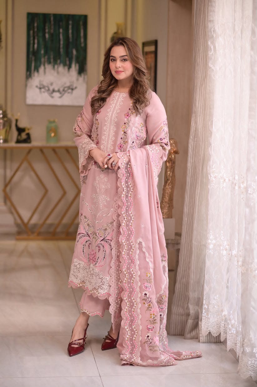 7673 Floral Dhanak — 3-Piece Unstitched Suit; supplied design and embroidery detail 2.