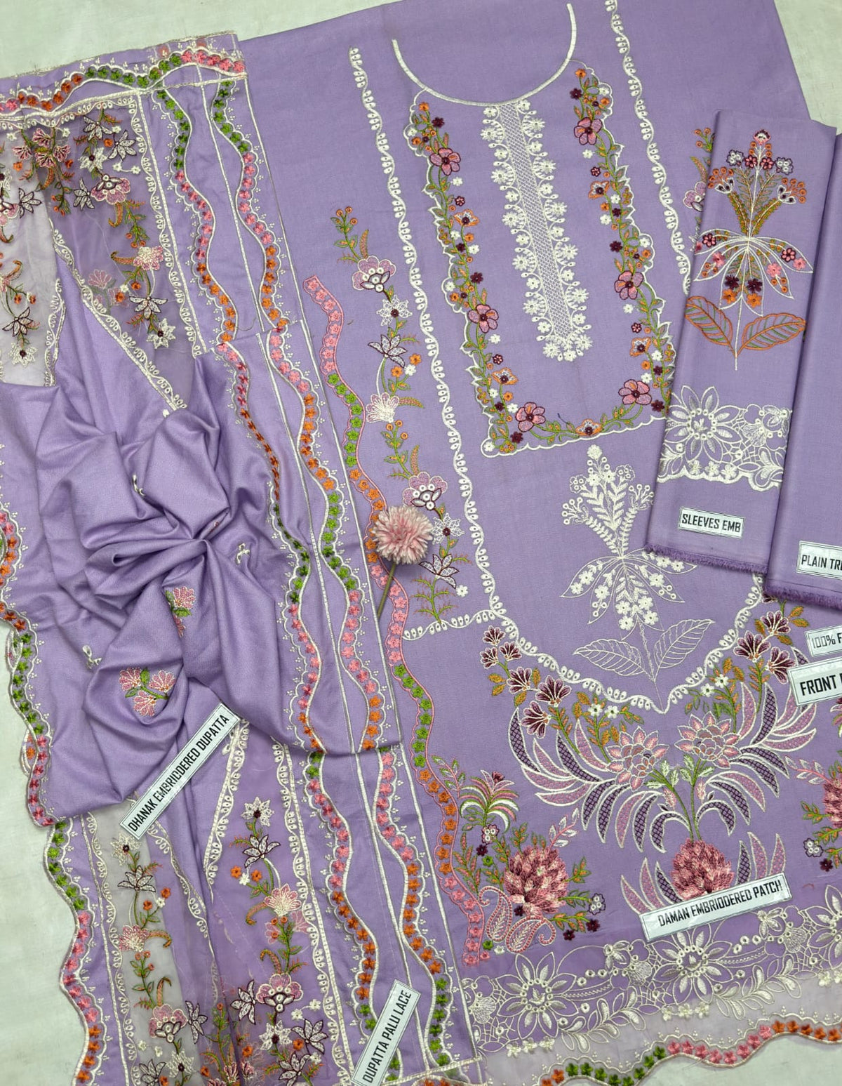 7673 Floral Dhanak — 3-Piece Unstitched Suit in Lilac; supplied design and embroidery detail 5.