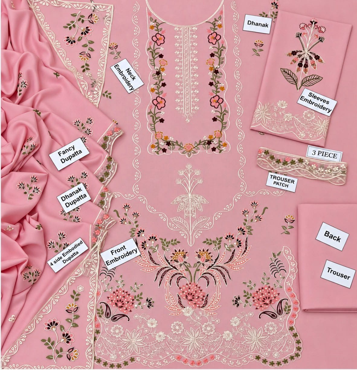7673 Floral Dhanak — 3-Piece Unstitched Suit in Blush Pink; supplied design and embroidery detail 6.