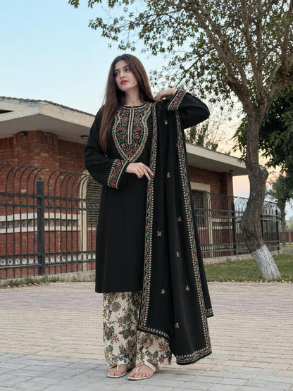 Embroidered Neckline Dhanak — 3-Piece Unstitched Suit; model styling view 1.