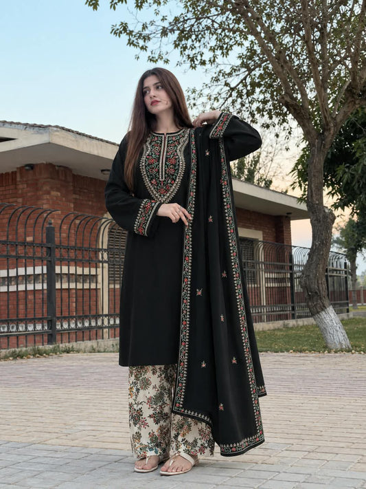 Embroidered Neckline Dhanak — 3-Piece Unstitched Suit; model styling view 1.