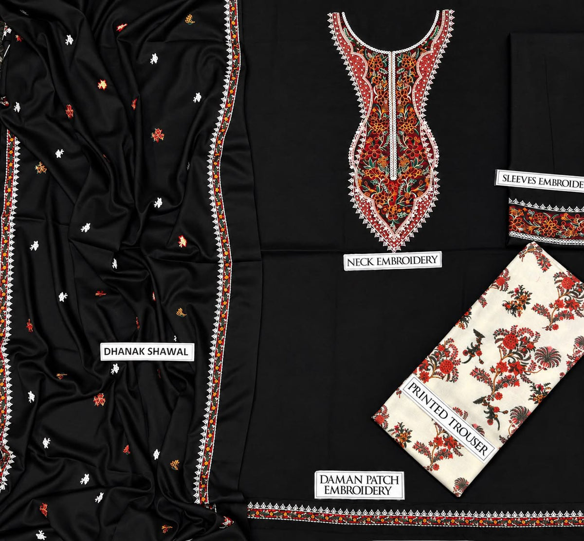 Embroidered Neckline Dhanak — 3-Piece Unstitched Suit in Black; supplied design and embroidery detail 2.