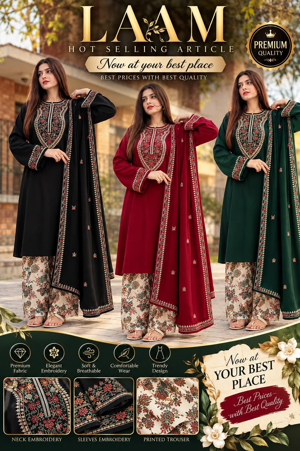 Embroidered Neckline Dhanak — 3-Piece Unstitched Suit; supplied design and embroidery detail 3.