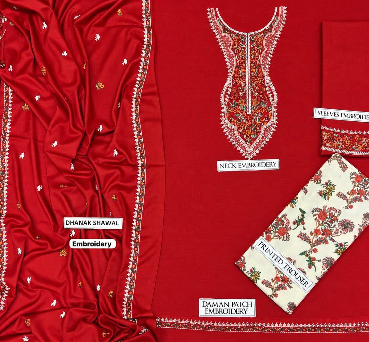 Embroidered Neckline Dhanak — 3-Piece Unstitched Suit in Burgundy; supplied design and embroidery detail 4.