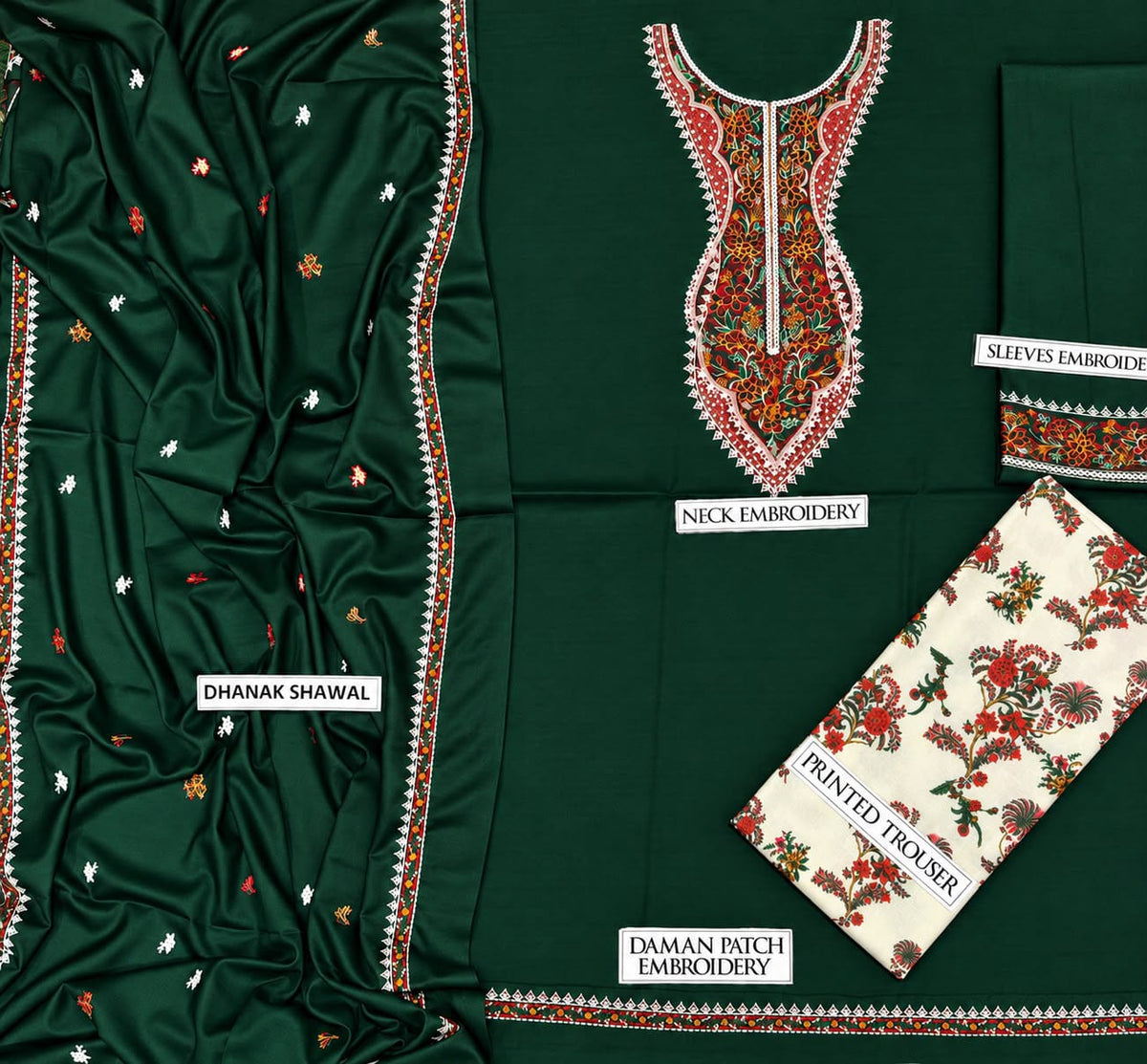 Embroidered Neckline Dhanak — 3-Piece Unstitched Suit in Forest Green; supplied design and embroidery detail 7.