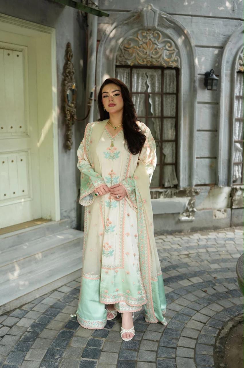ACL-FC37-26 Embroidered Silk — 3-Piece Unstitched Suit; model styling view 1.