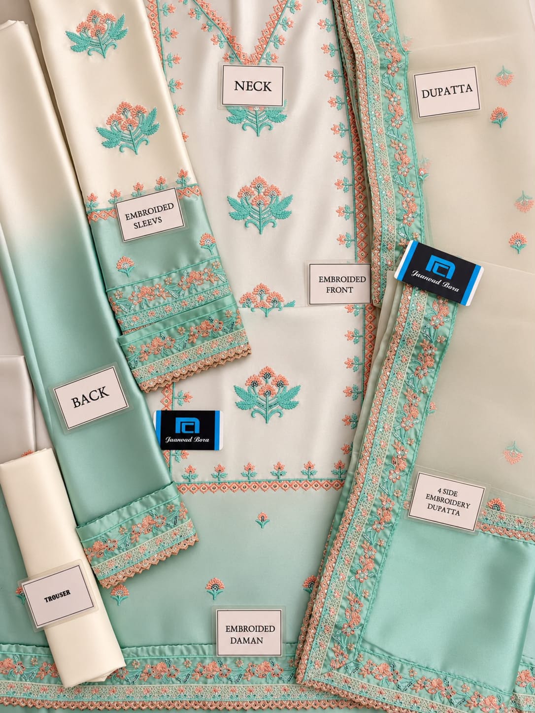 ACL-FC37-26 Embroidered Silk — 3-Piece Unstitched Suit in Ivory & Mint; supplied design and embroidery detail 2.