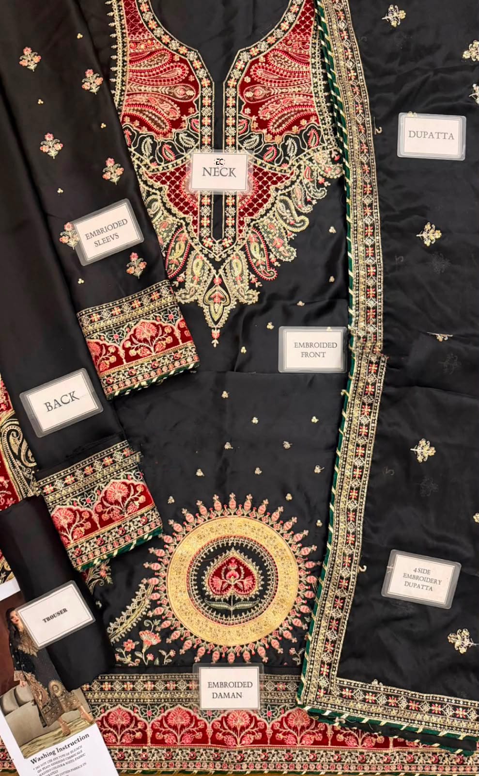 E1098 Kaftan-Style Silk — 3-Piece Unstitched Suit in Black & Gold; supplied design and embroidery detail 1.