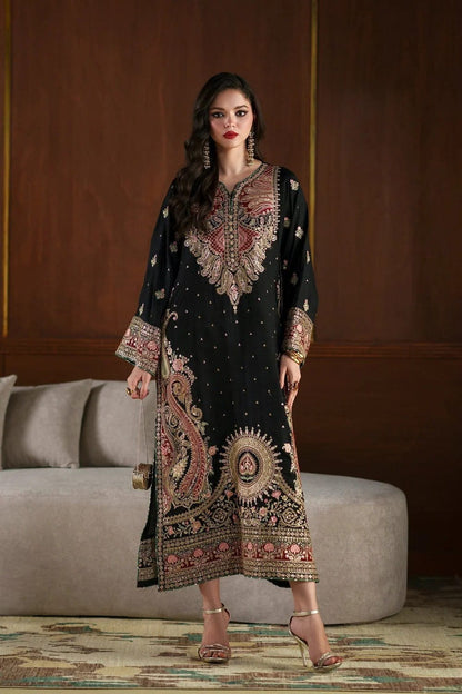 E1098 Kaftan-Style Silk — 3-Piece Unstitched Suit; model styling view 2.