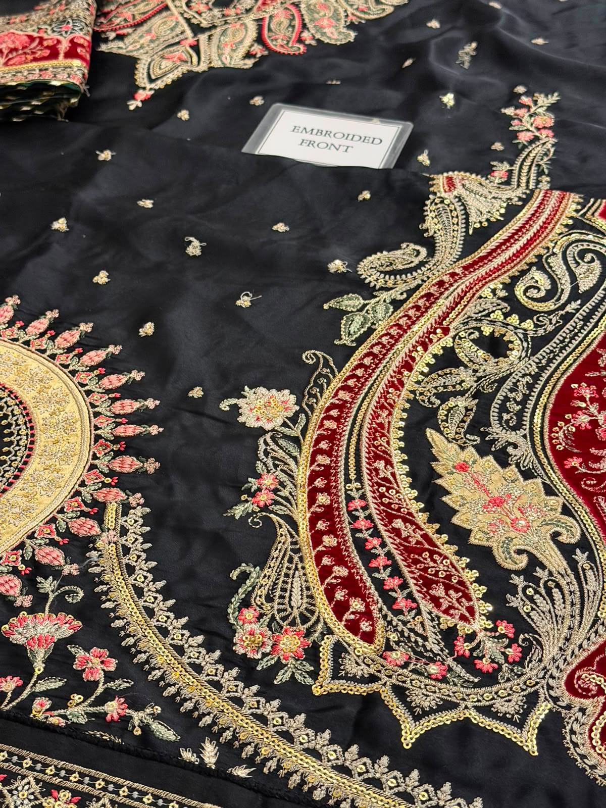 E1098 Kaftan-Style Silk — 3-Piece Unstitched Suit; supplied design and embroidery detail 3.