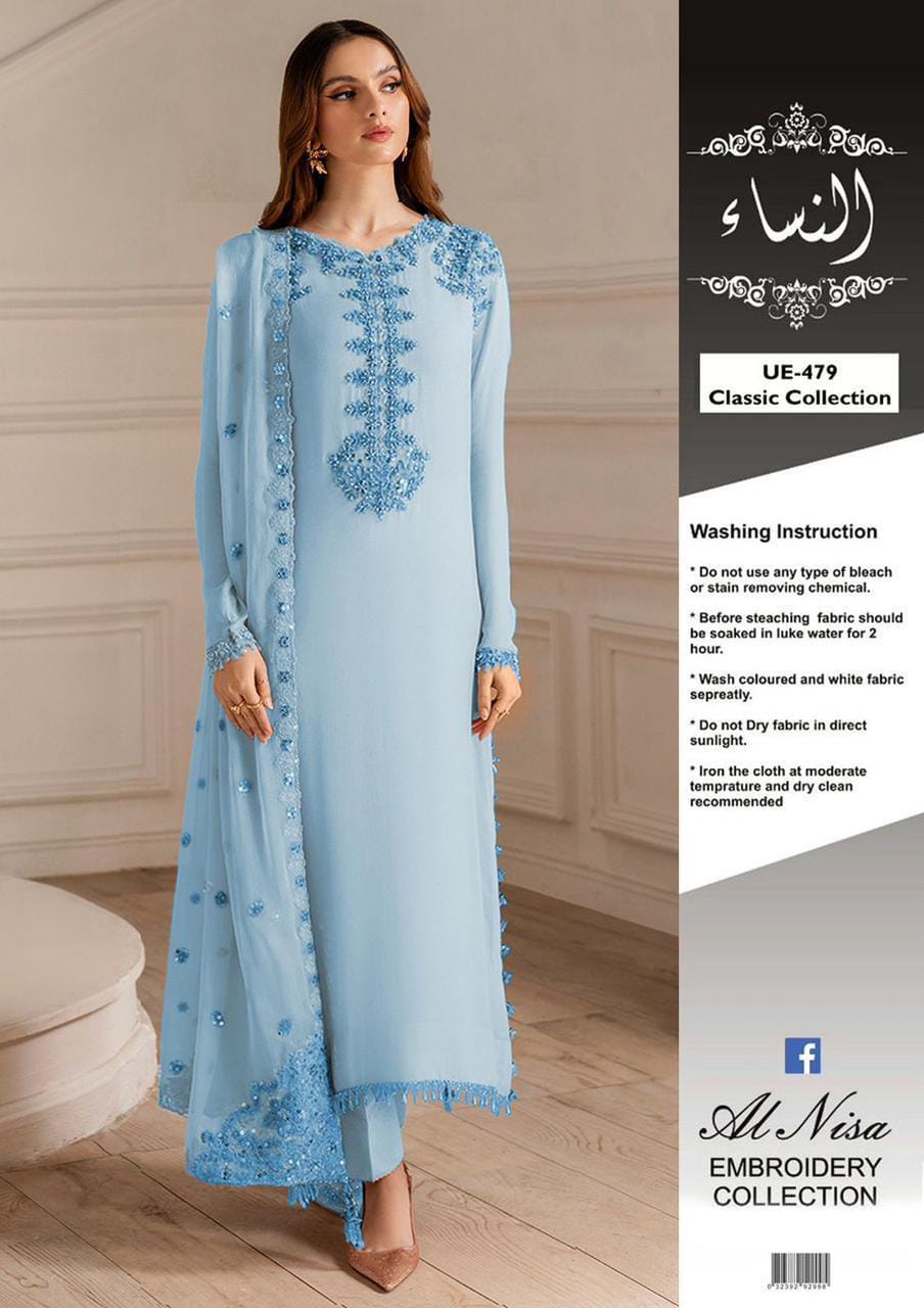 UE-479 Embellished Chiffon — 3-Piece Unstitched Suit; supplied design and embroidery detail 3.