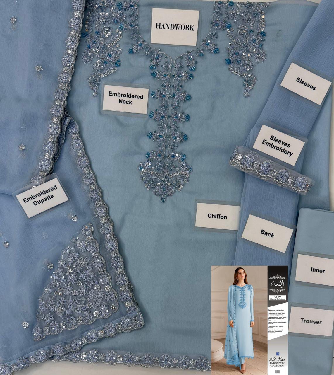 UE-479 Embellished Chiffon — 3-Piece Unstitched Suit in Powder Blue; supplied design and embroidery detail 4.