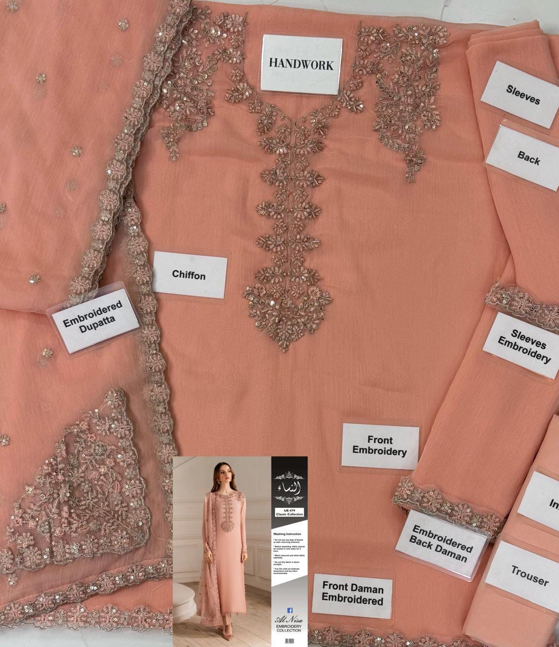 UE-479 Embellished Chiffon — 3-Piece Unstitched Suit in Peach; supplied design and embroidery detail 5.
