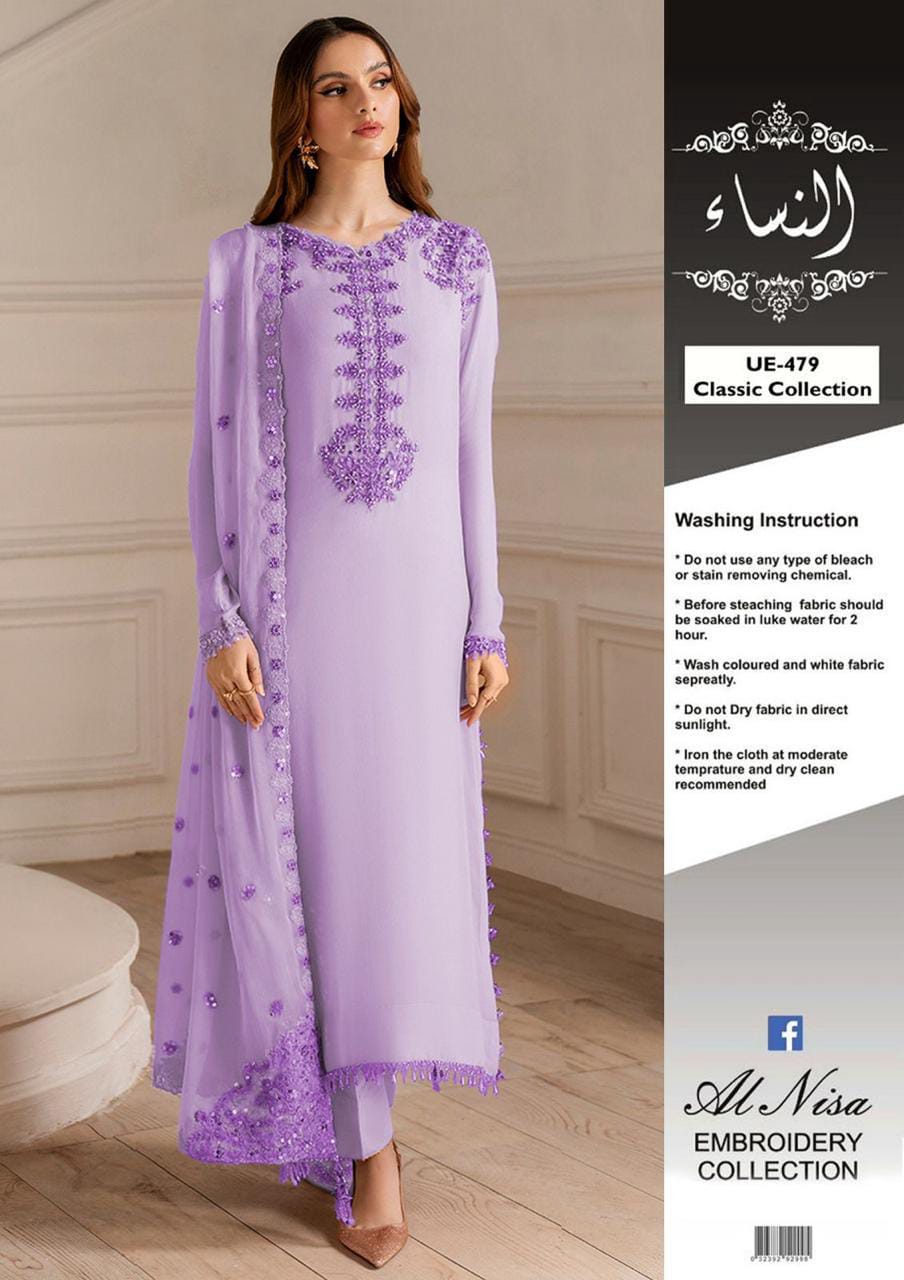 UE-479 Embellished Chiffon — 3-Piece Unstitched Suit; supplied design and embroidery detail 6.