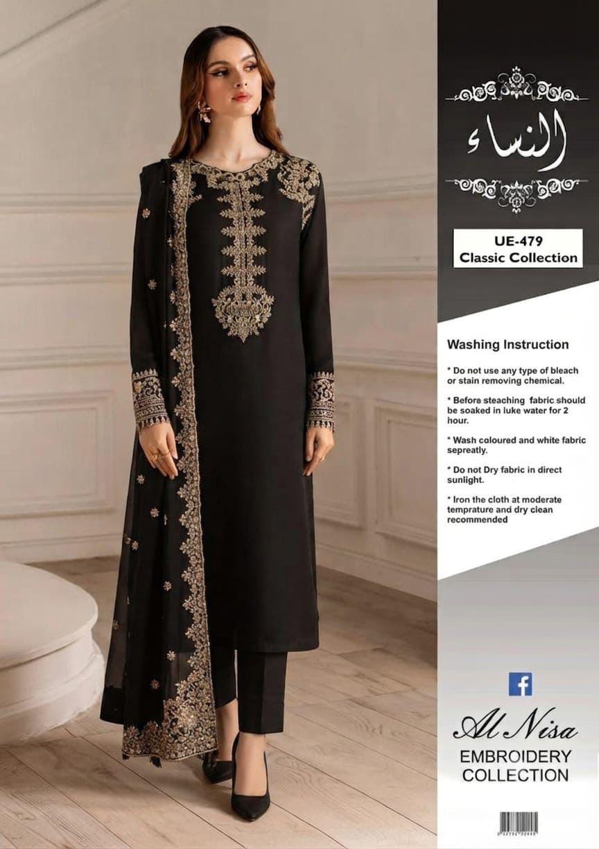 UE-479 Embellished Chiffon — 3-Piece Unstitched Suit; supplied design and embroidery detail 7.