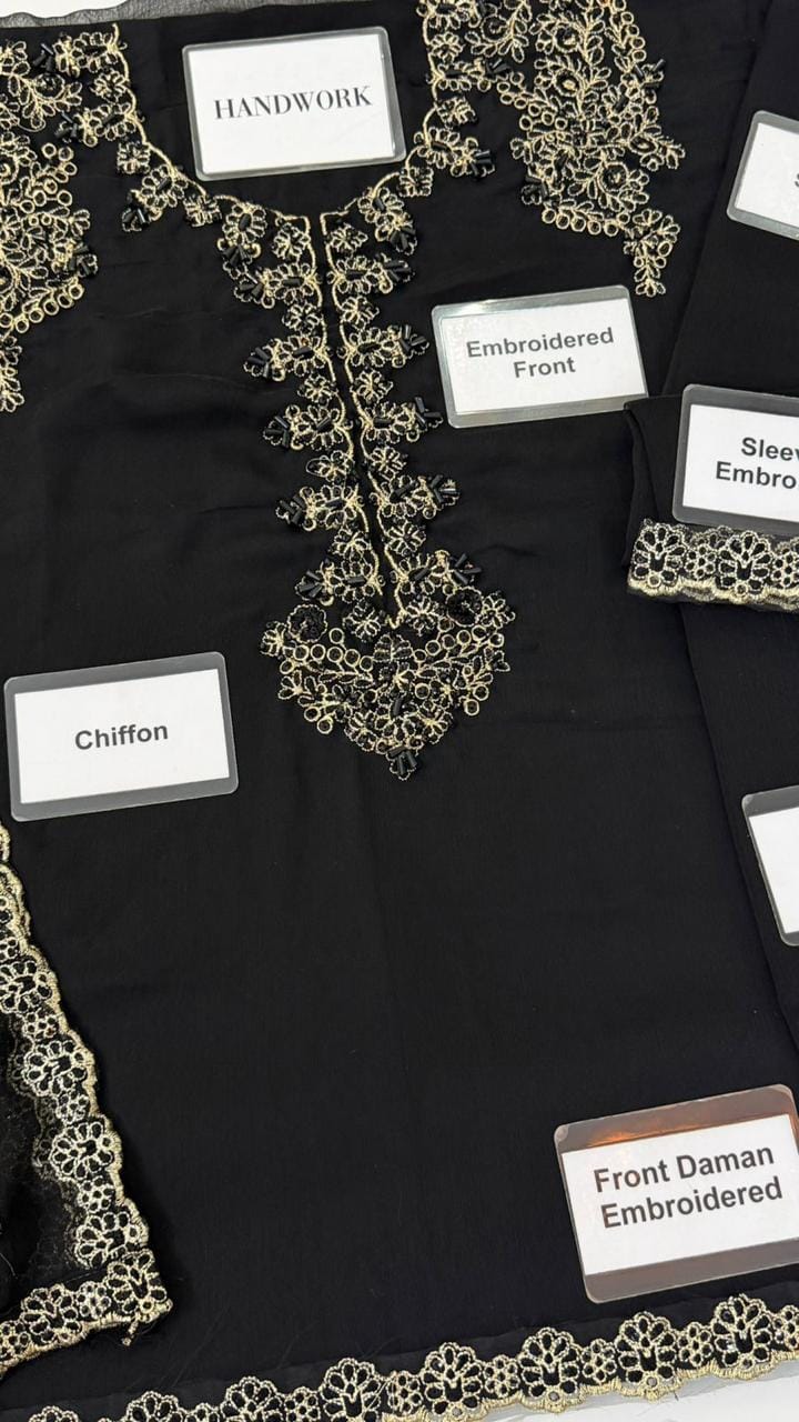 UE-479 Embellished Chiffon — 3-Piece Unstitched Suit in Black; supplied design and embroidery detail 8.