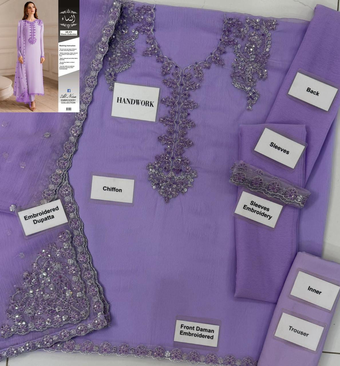 UE-479 Embellished Chiffon — 3-Piece Unstitched Suit in Lilac; supplied design and embroidery detail 9.
