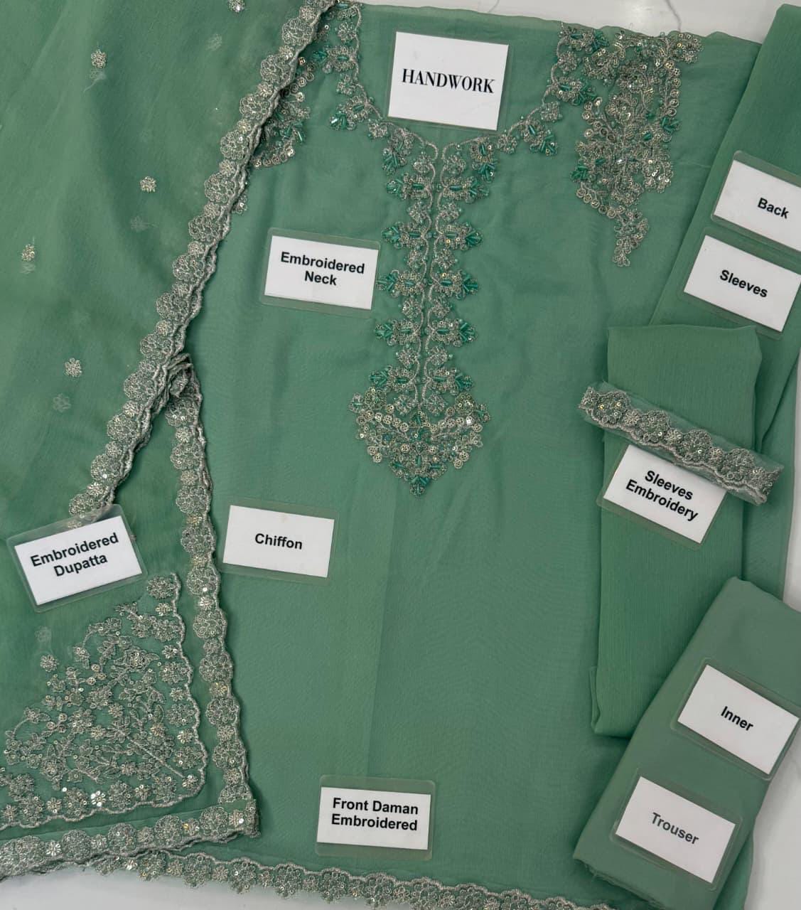 UE-479 Embellished Chiffon — 3-Piece Unstitched Suit in Mint; supplied design and embroidery detail 10.