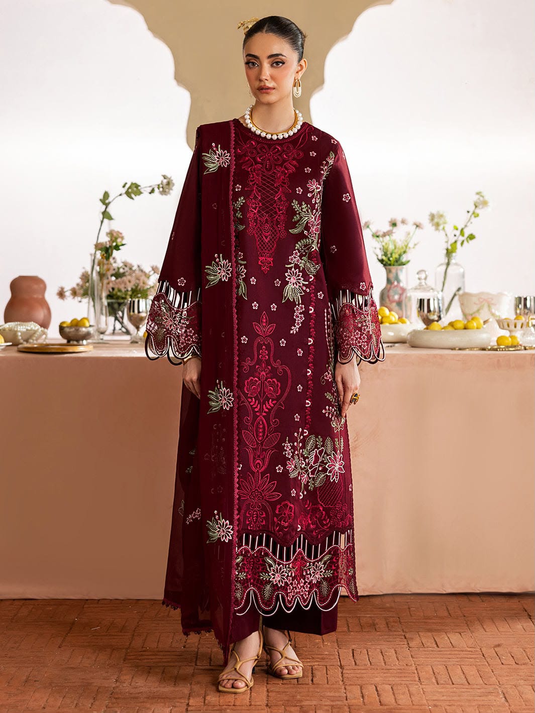 Burgundy Floral Dhanak — 3-Piece Unstitched Suit; model styling view 2.