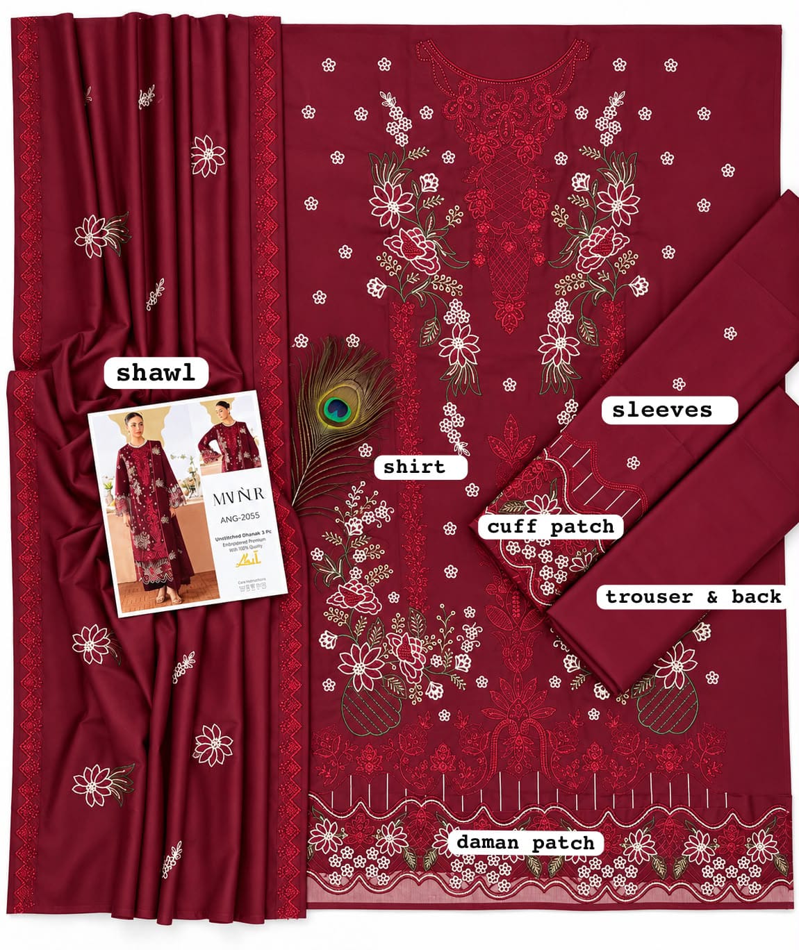 Burgundy Floral Dhanak — 3-Piece Unstitched Suit in Burgundy; supplied design and embroidery detail 3.
