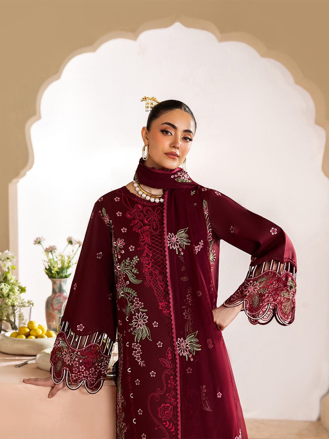 Burgundy Floral Dhanak — 3-Piece Unstitched Suit; supplied design and embroidery detail 4.