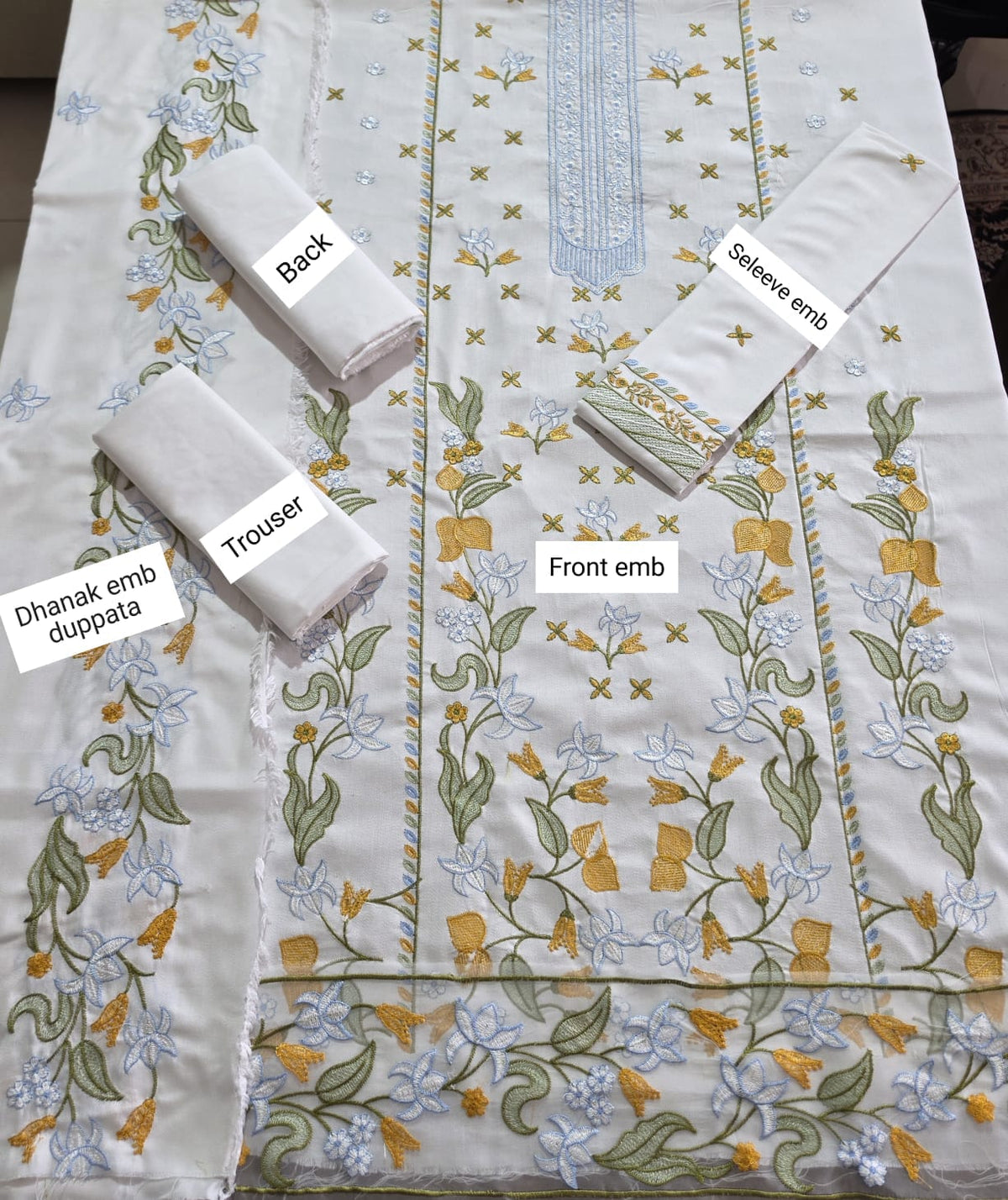 Ivory Botanical Dhanak — 3-Piece Unstitched Suit in Ivory & Yellow; supplied design and embroidery detail 3.